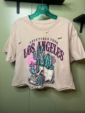 Los Angeles Cactus Graphic Crop Tee in Beige and Pink
